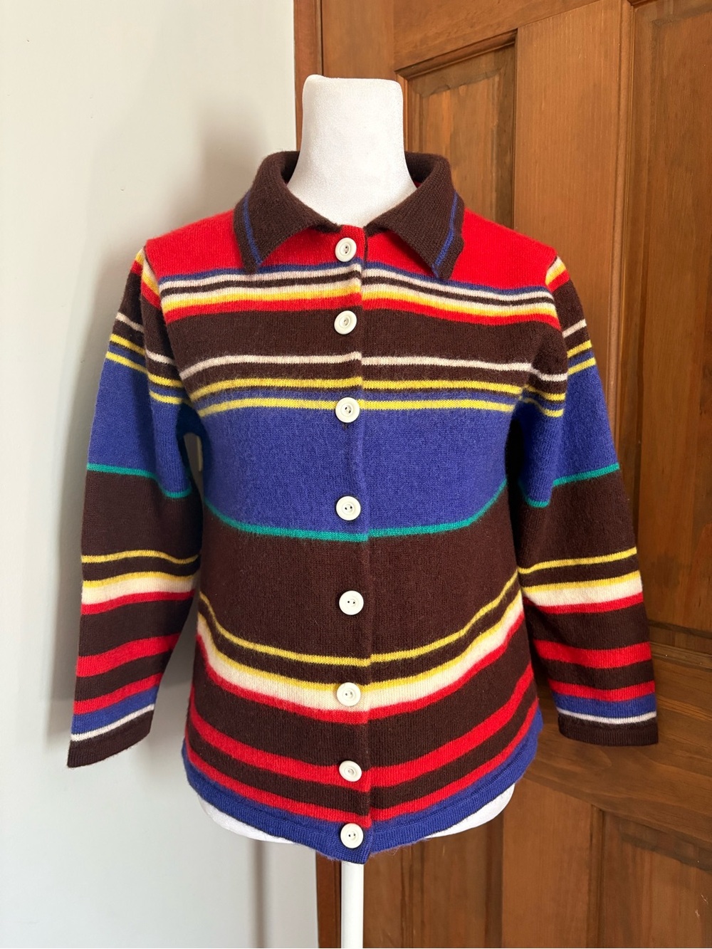 Vintage Small ? Wool ? Striped Colorful Collared Cardigan Sweater Hippie Boho D4